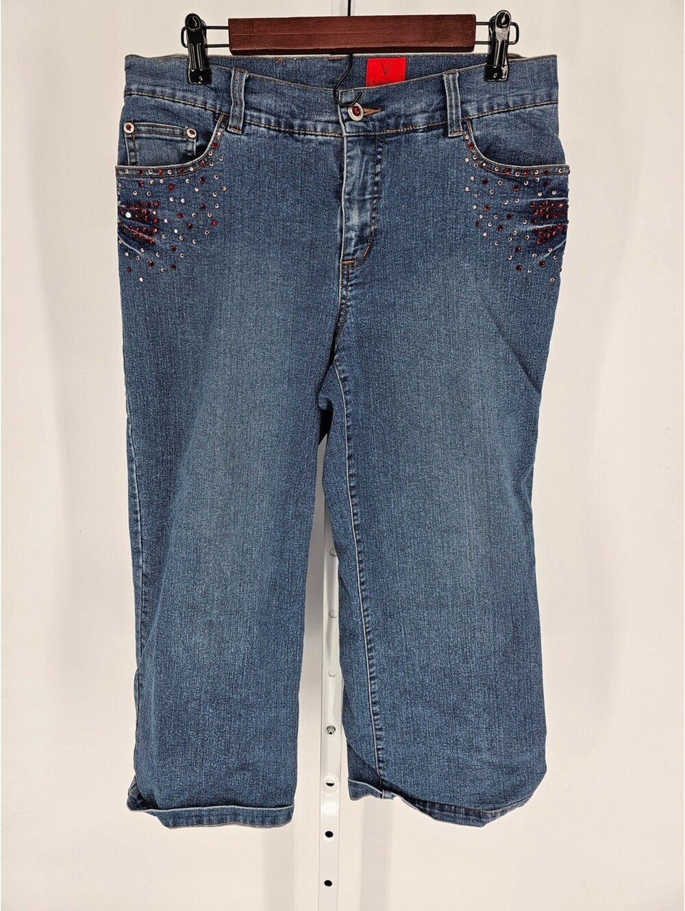 V Cristina Womens Blue Wise Leg Cropped Rhinestone Zip-up Button Jeans Size 10